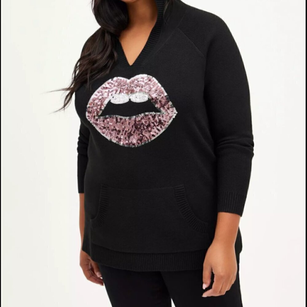 Torrid Breast Cancer Awareness Raglan Hoodie Sweater Luxe Cozy Sequined Lips